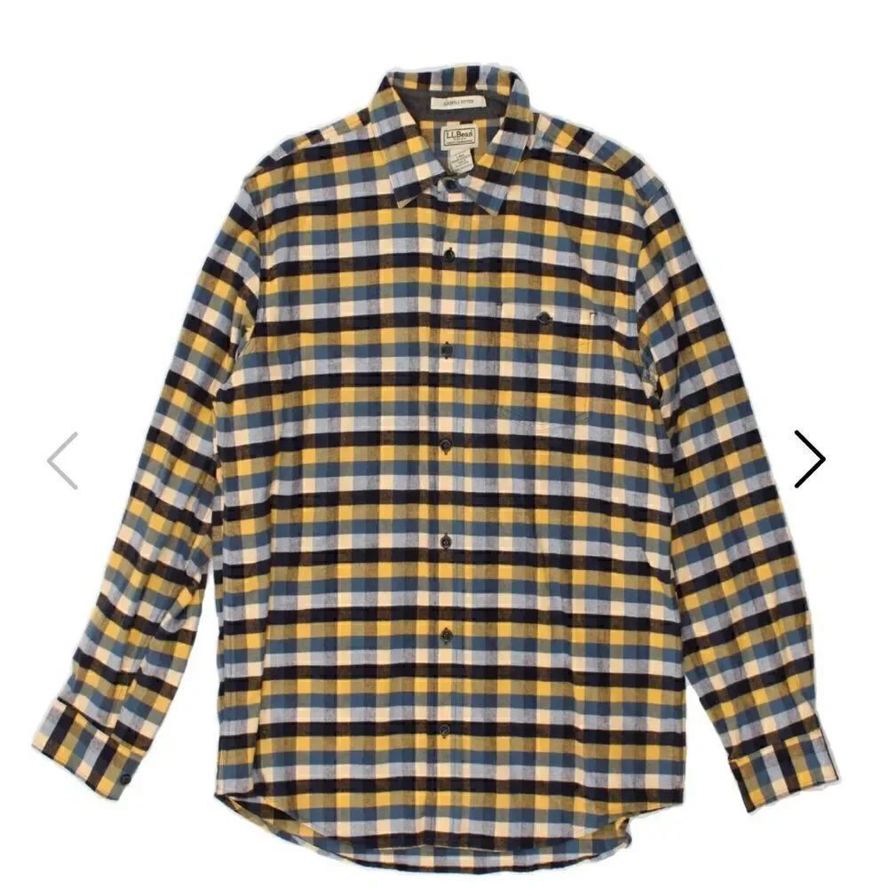 LL Bean Blue and Yellow Plaid Cotton Flannel Slightly Fitted Shirt-M